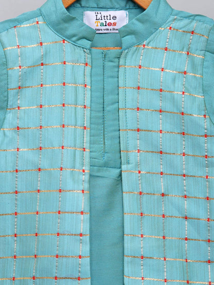 BLUE  KURTA WITH CHECK ATTACHED JACKET AND PYJAMA