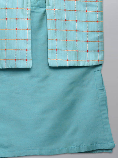 BLUE  KURTA WITH CHECK ATTACHED JACKET AND PYJAMA