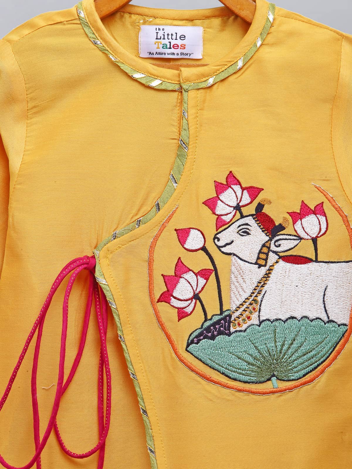 MUSTARD PICHWAI EMBROIDERED ANGRAKHA KURTA DHOTI  SET