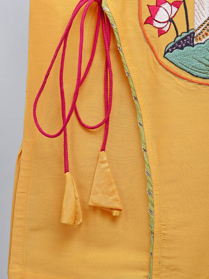 MUSTARD PICHWAI EMBROIDERED ANGRAKHA KURTA DHOTI  SET