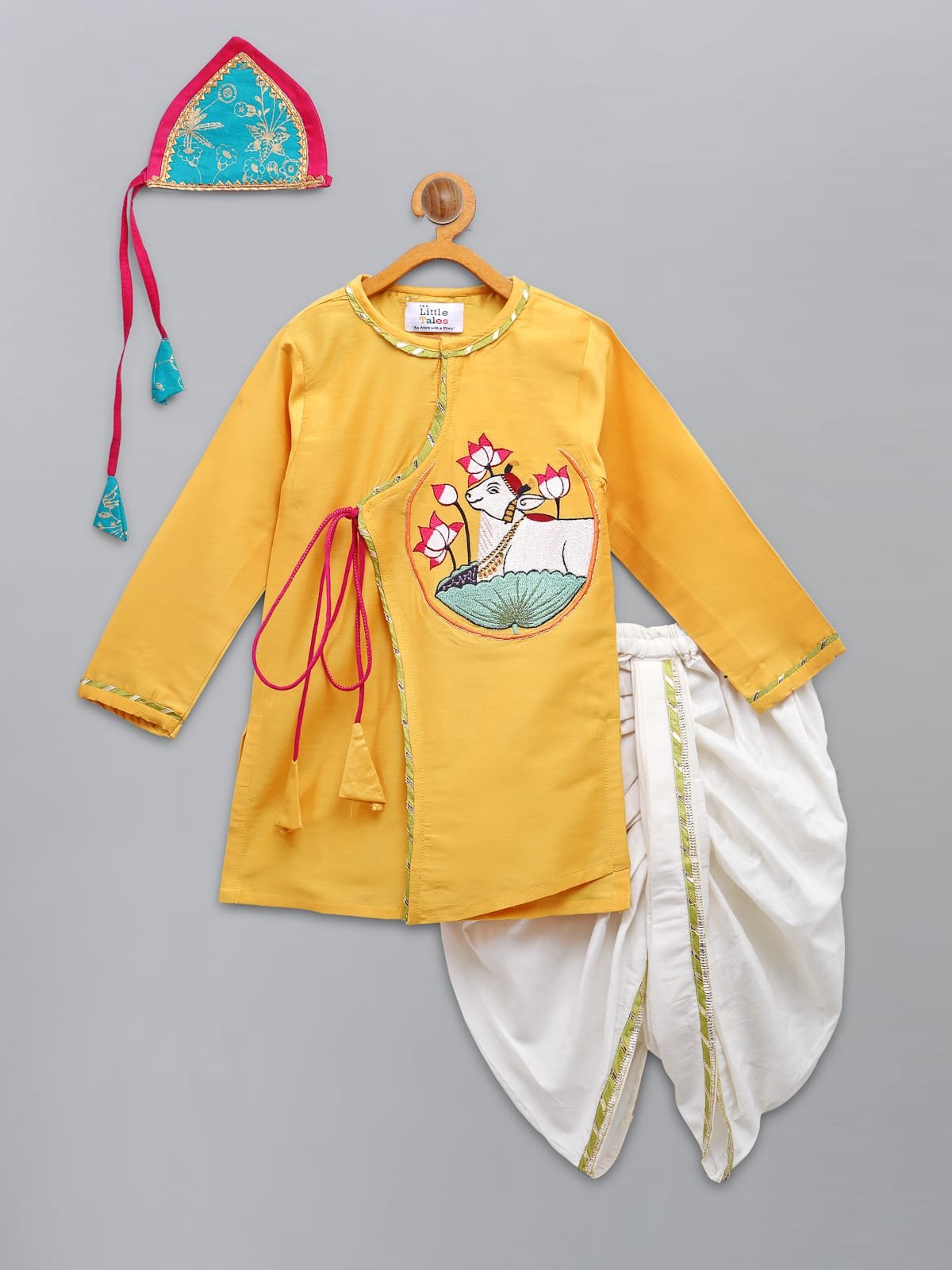 MUSTARD PICHWAI EMBROIDERED ANGRAKHA KURTA DHOTI  SET
