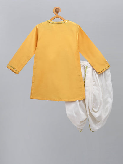 MUSTARD PICHWAI EMBROIDERED ANGRAKHA KURTA DHOTI  SET