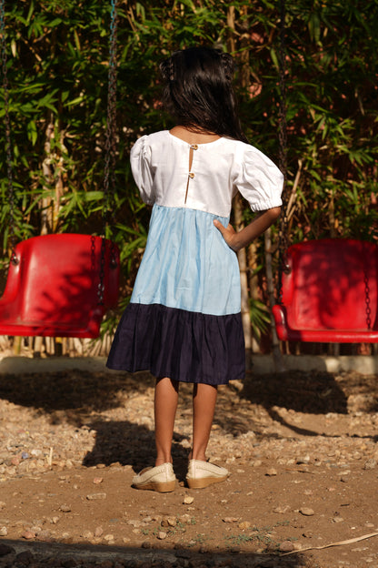 Trio-Colored Linen Frock - Blue