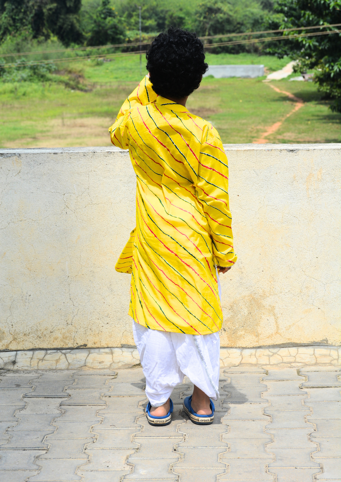 Boys Cotton Full Sleeves Leheriya Kurta Dhoti Set With Gotapatti Work