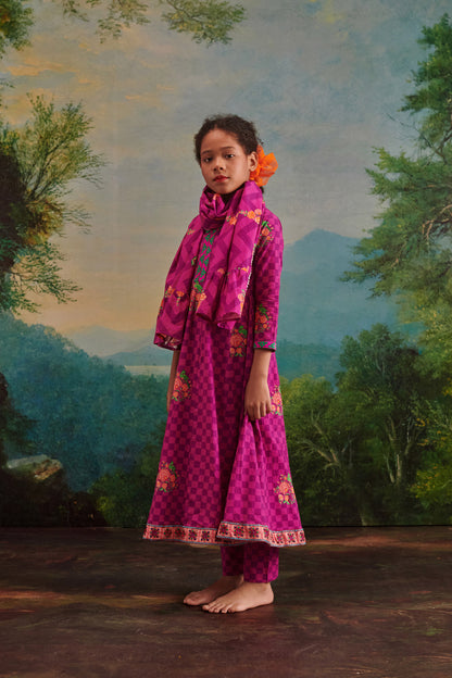 GIRL 3 PC PARROT CHECKS ANARKALI KURTA SET