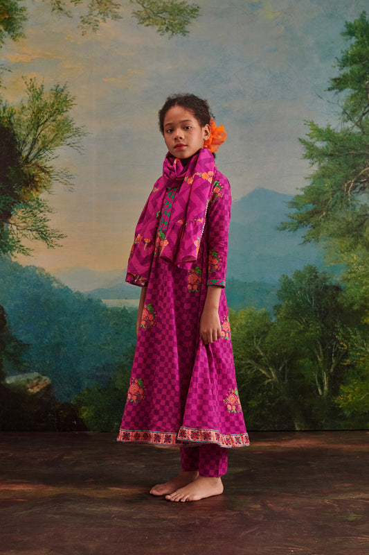 GIRL 3 PC PARROT CHECKS ANARKALI KURTA SET