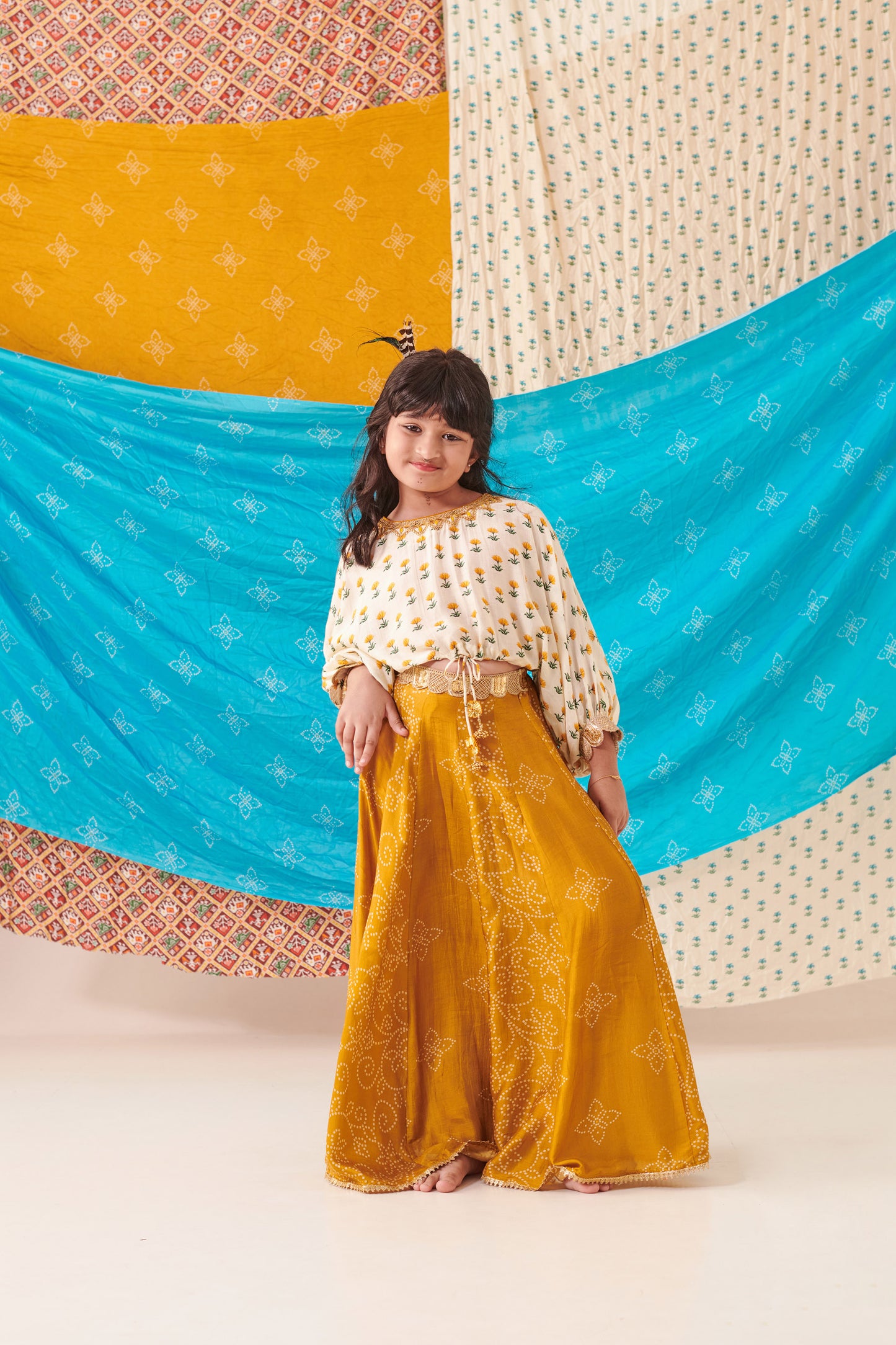 GIRL PANELLED BANDHANI  SKIRT SET