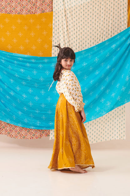 GIRL PANELLED BANDHANI  SKIRT SET