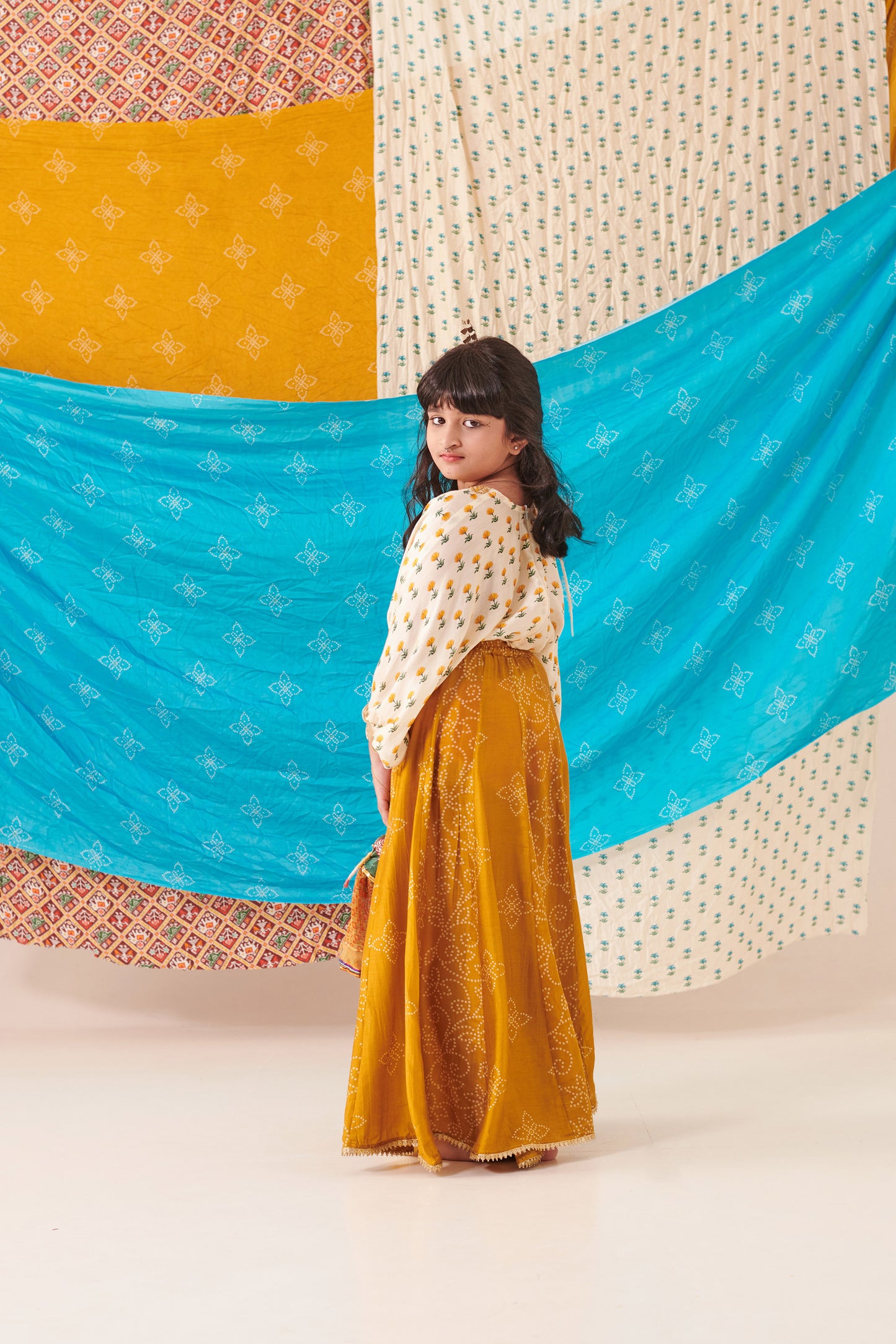 GIRL PANELLED BANDHANI  SKIRT SET