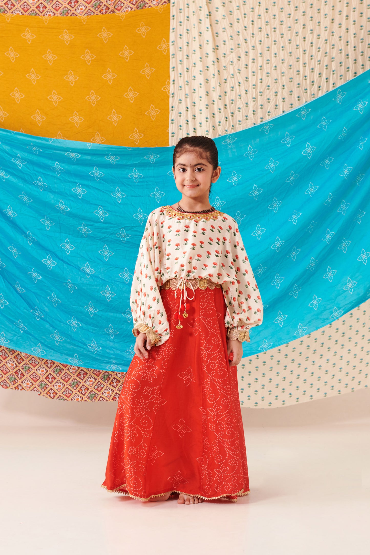 GIRL PANELLED BANDHANI  SKIRT SET