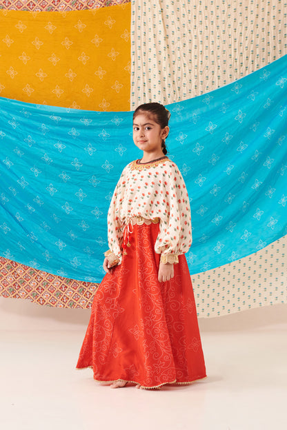 GIRL PANELLED BANDHANI  SKIRT SET