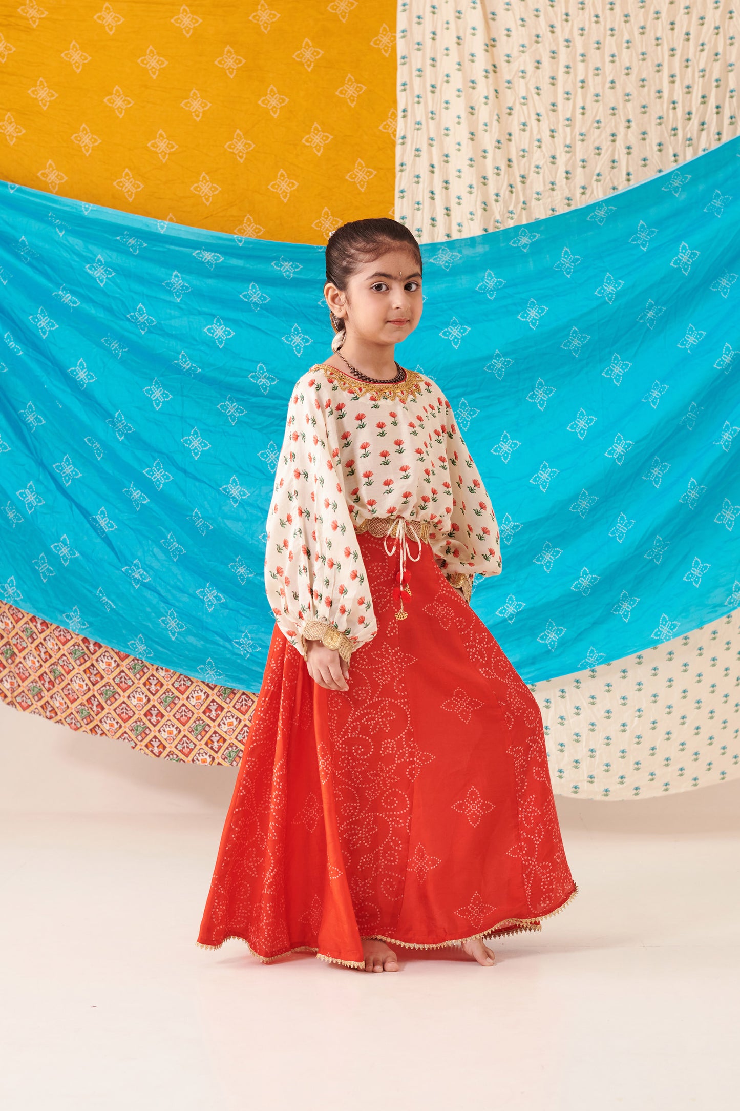 GIRL PANELLED BANDHANI  SKIRT SET