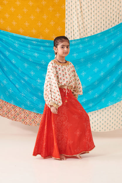 GIRL PANELLED BANDHANI  SKIRT SET