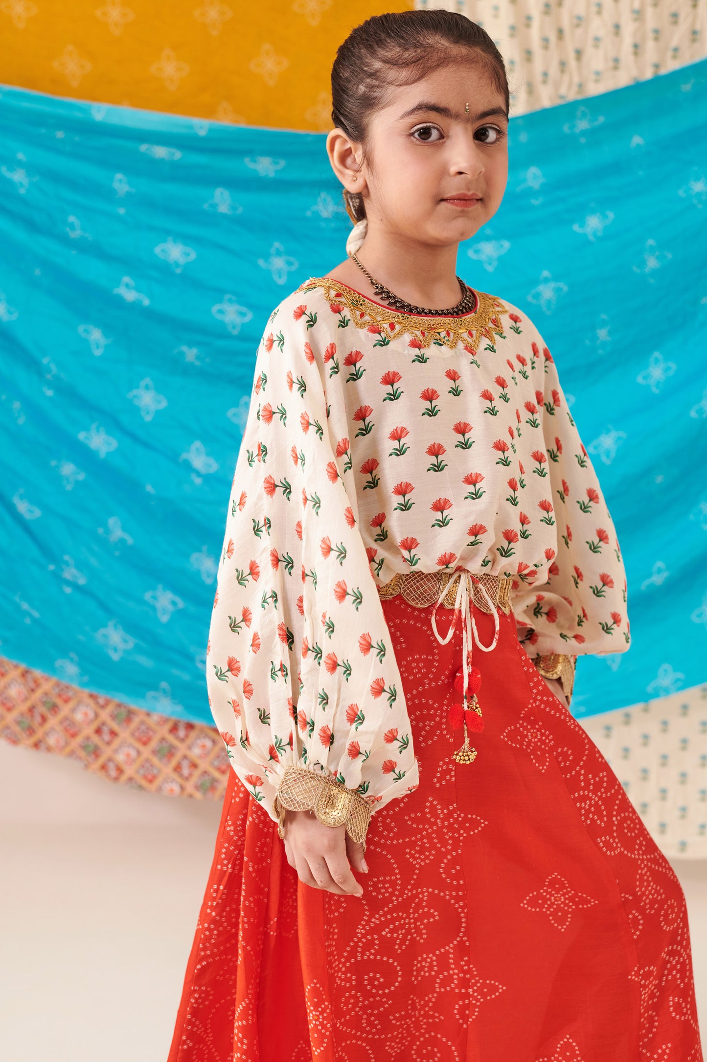 GIRL PANELLED BANDHANI  SKIRT SET