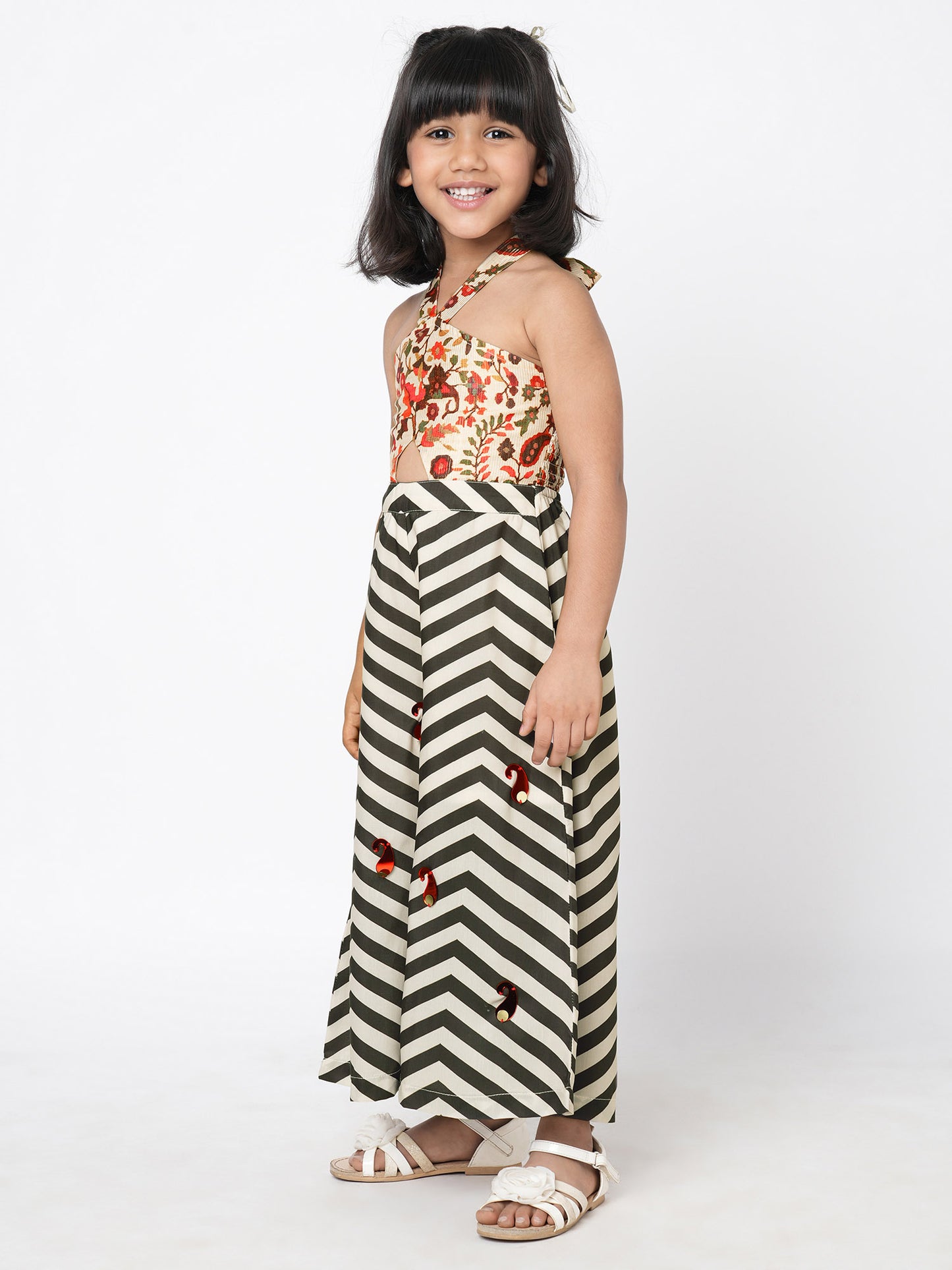 Chromatic Fusion Girls Black & White stripe Hand embroidery Jumper