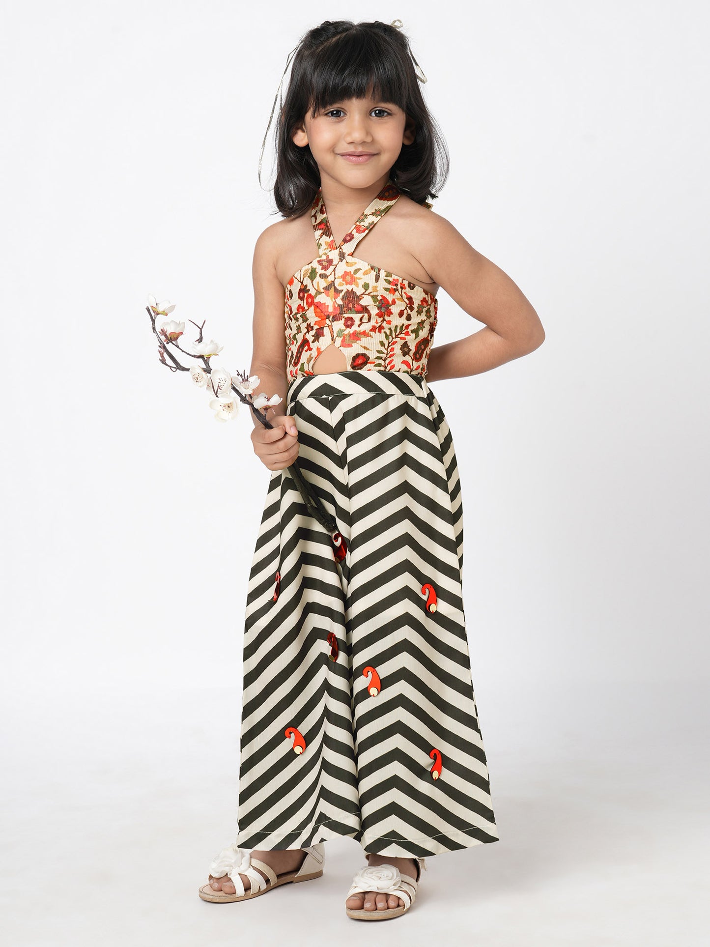 Chromatic Fusion Girls Black & White stripe Hand embroidery Jumper