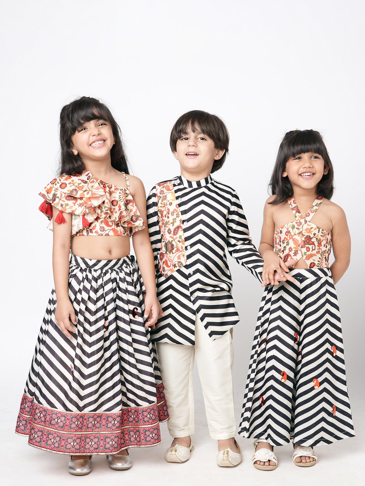 Chromatic Fusion Girls Black & White stripe Hand embroidery Jumper