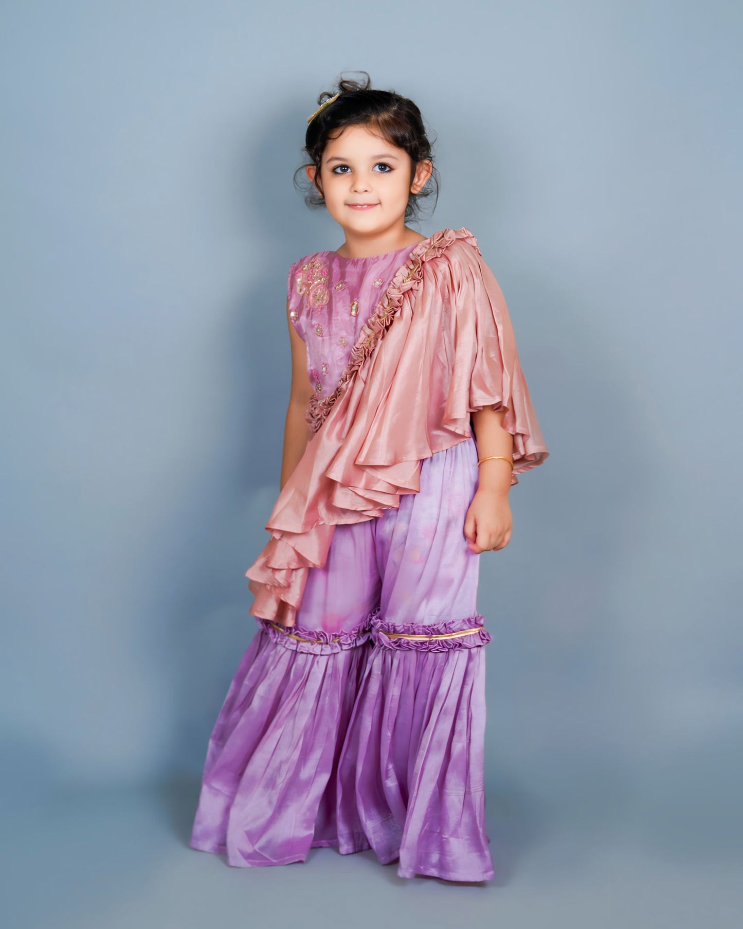 Girls Lilac Cape Style Embroidered Top And Sharara