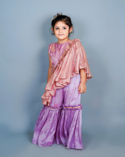 Girls Lilac Cape Style Embroidered Top And Sharara