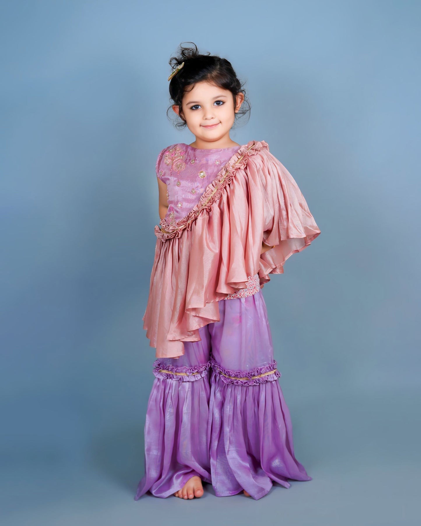 Girls Lilac Cape Style Embroidered Top And Sharara