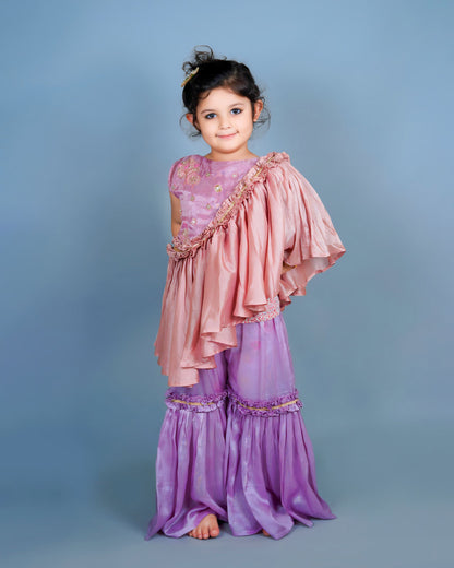 Girls Lilac Cape Style Embroidered Top And Sharara