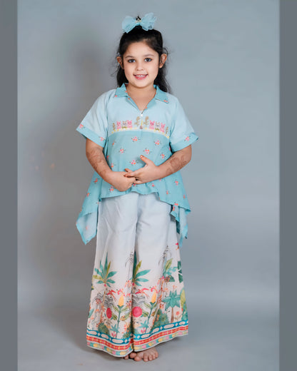 Girls Embroidered Assymetrical Kurta With Palazzo