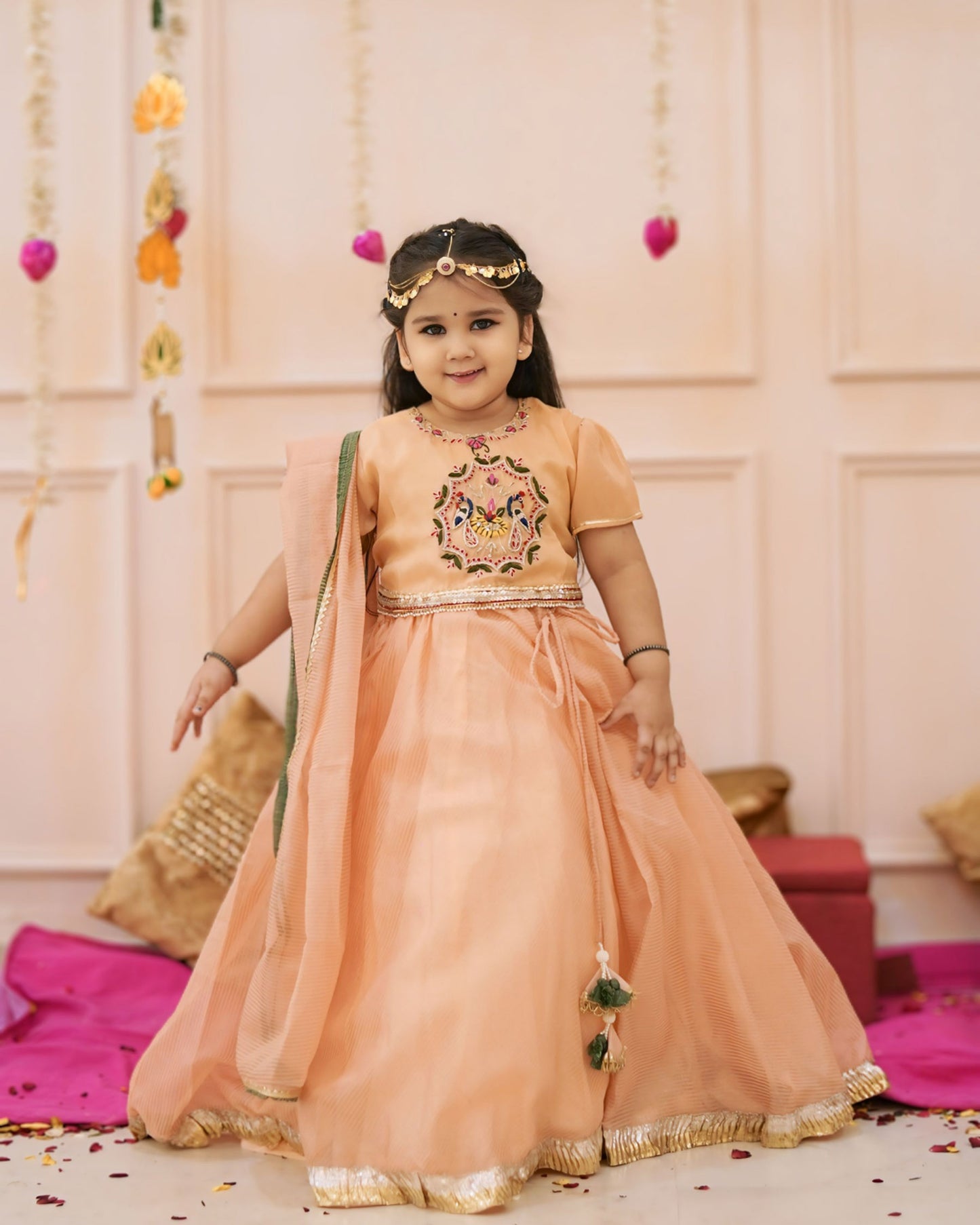 Girls Elegant Peach Hand Work Detailing Lehenga Set