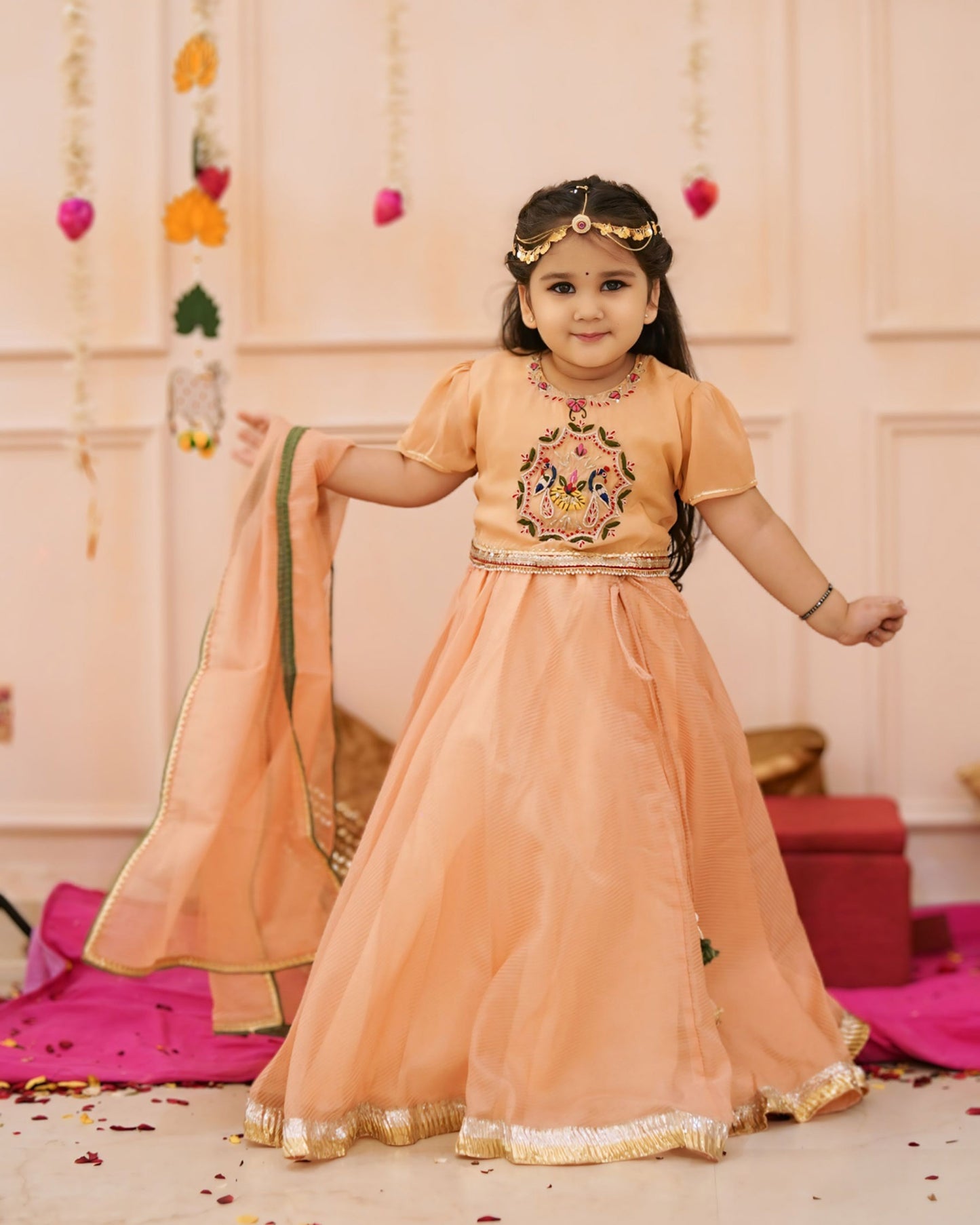 Girls Elegant Peach Hand Work Detailing Lehenga Set