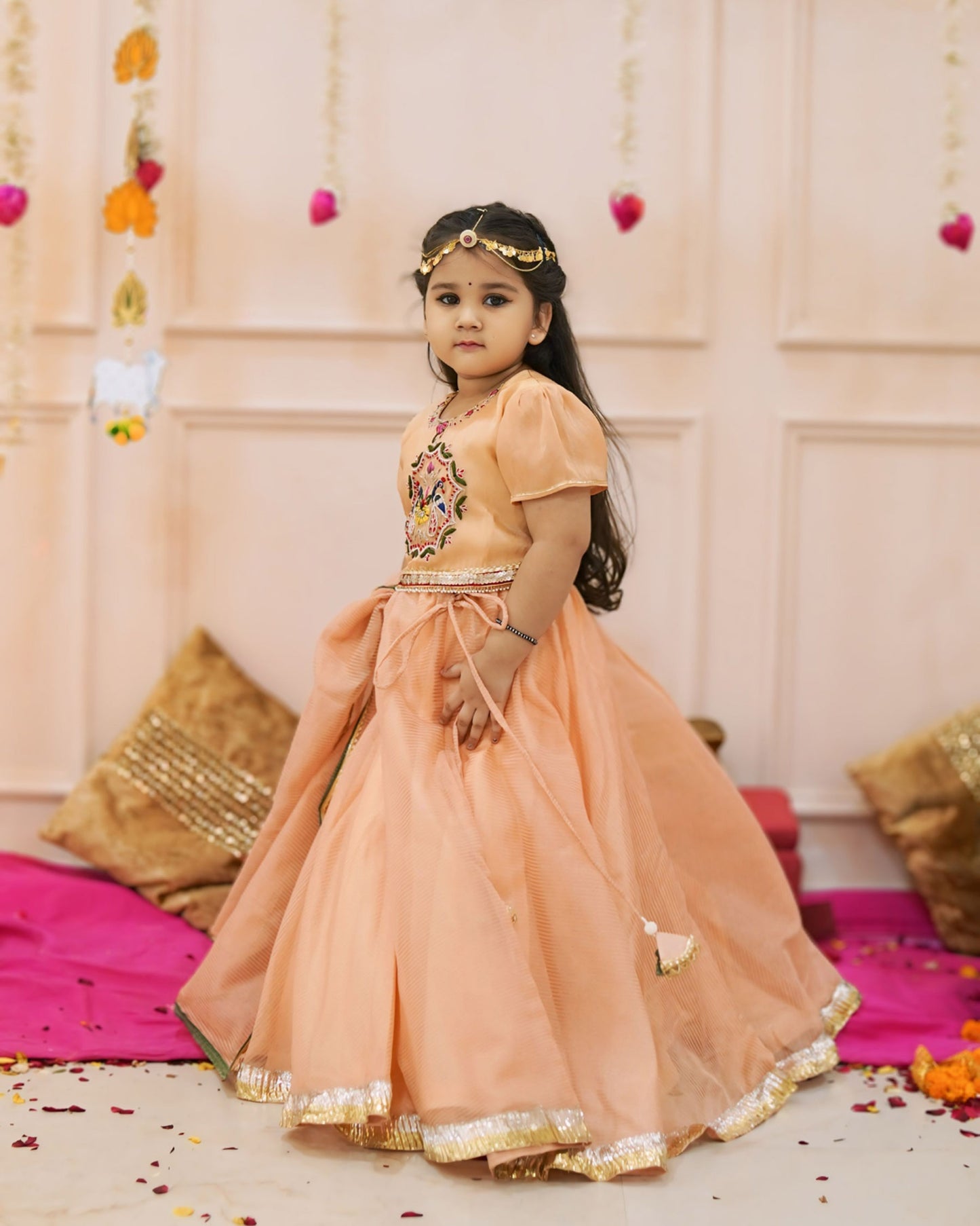 Girls Elegant Peach Hand Work Detailing Lehenga Set