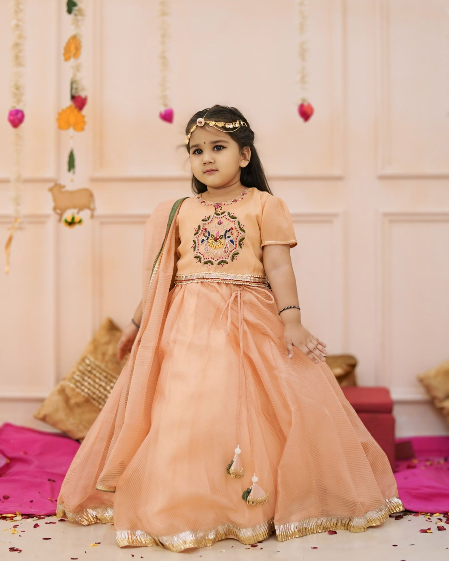 Girls Elegant Peach Hand Work Detailing Lehenga Set