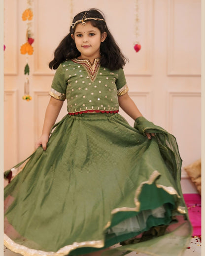 Girls Elegant Green Hand Work Detailing Lehenga set