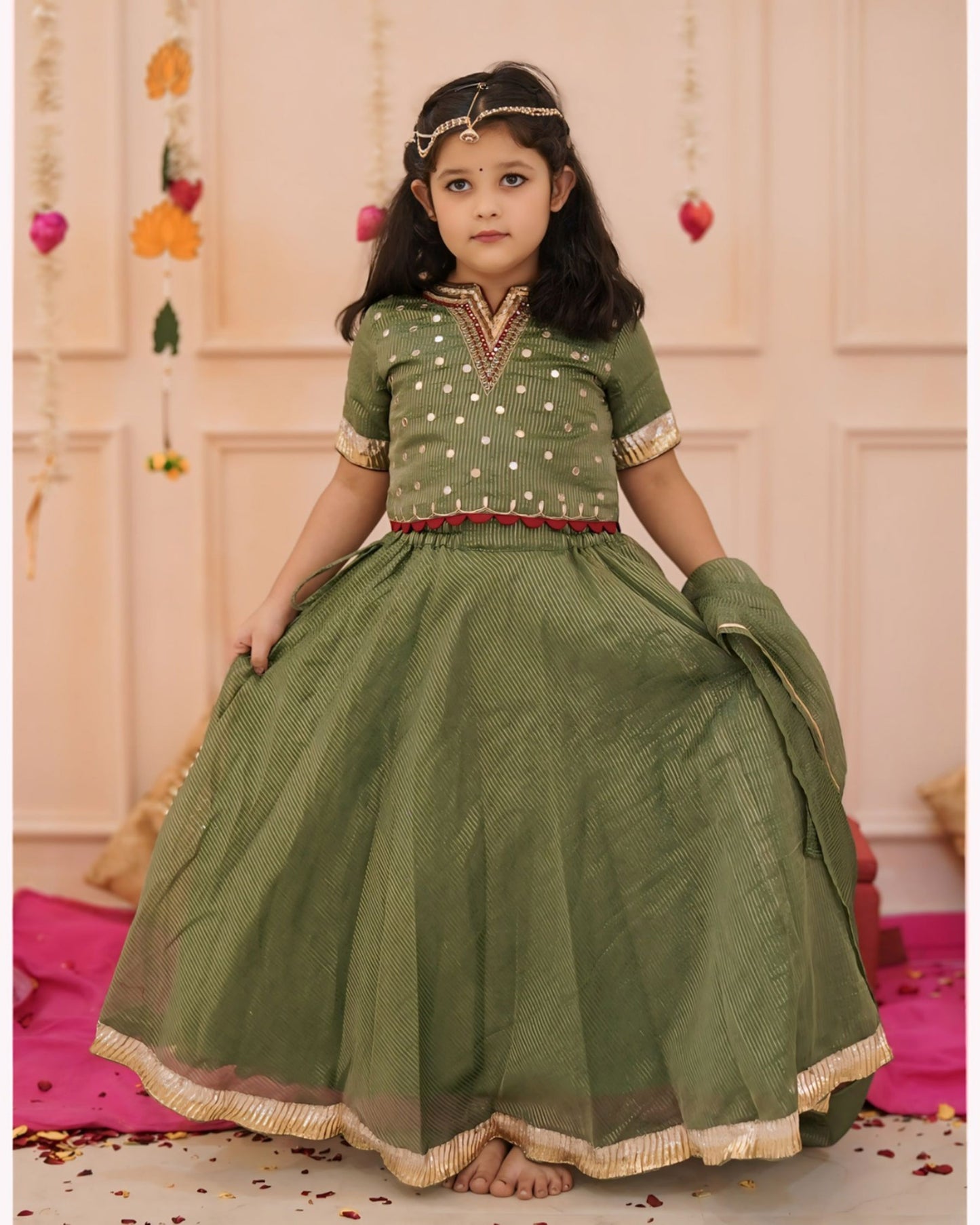 Girls Elegant Green Hand Work Detailing Lehenga set