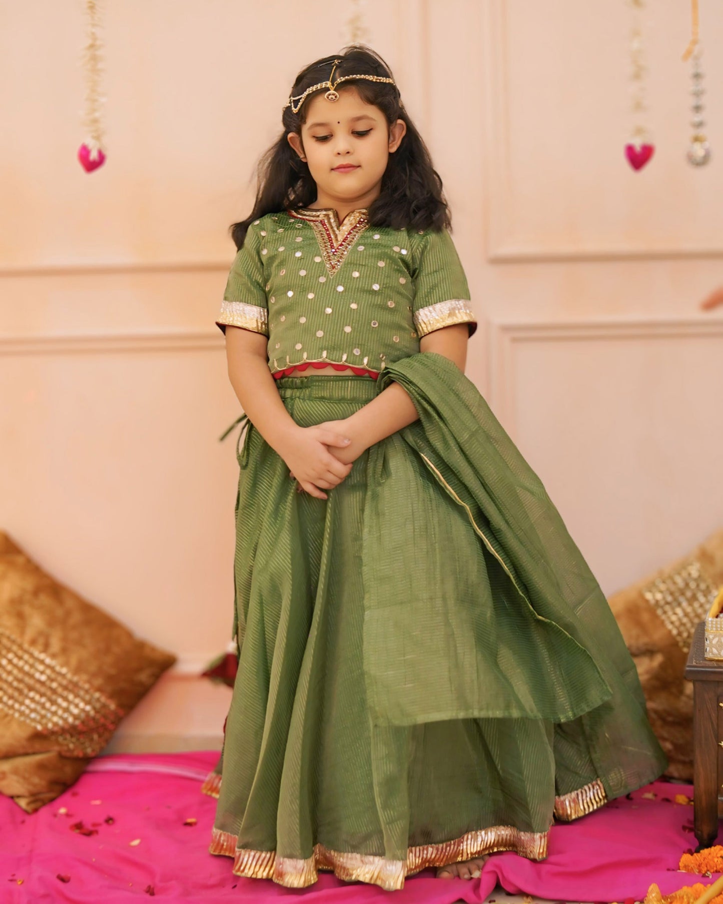 Girls Elegant Green Hand Work Detailing Lehenga set