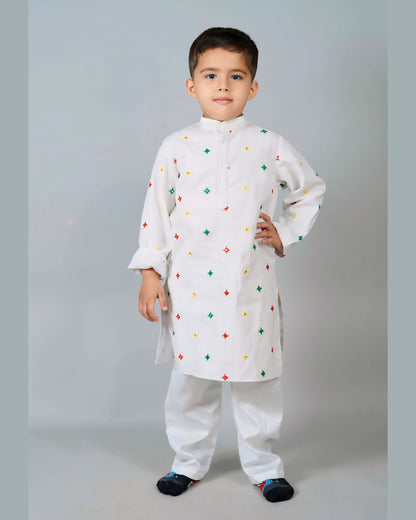 Boys White Mirror Work Kurta With Pyjama