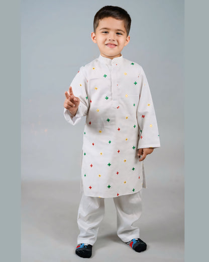 Boys White Mirror Work Kurta With Pyjama