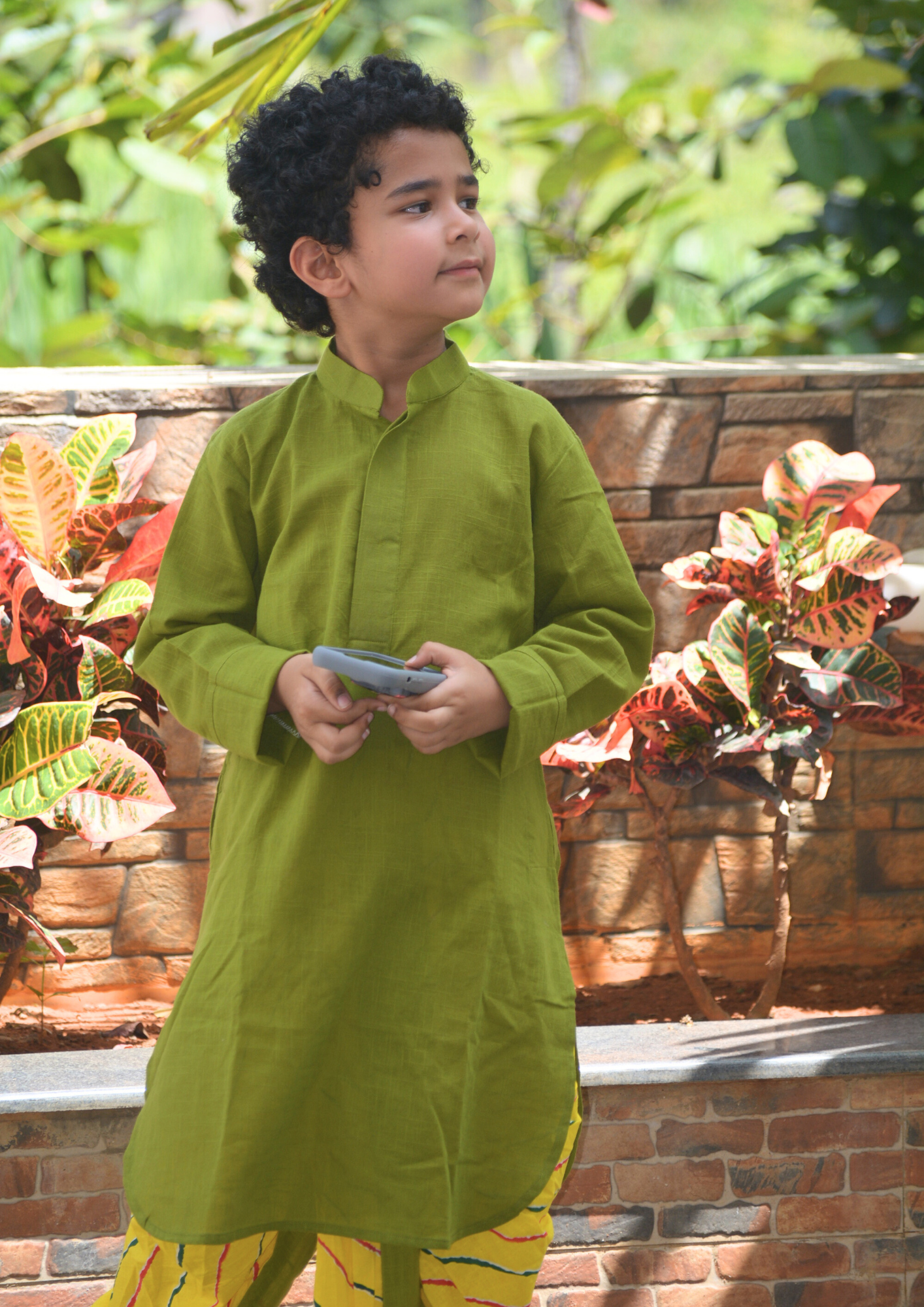 Boys Cotton Full Selleves Kurta And Yellow Leheriya Dhoti Set