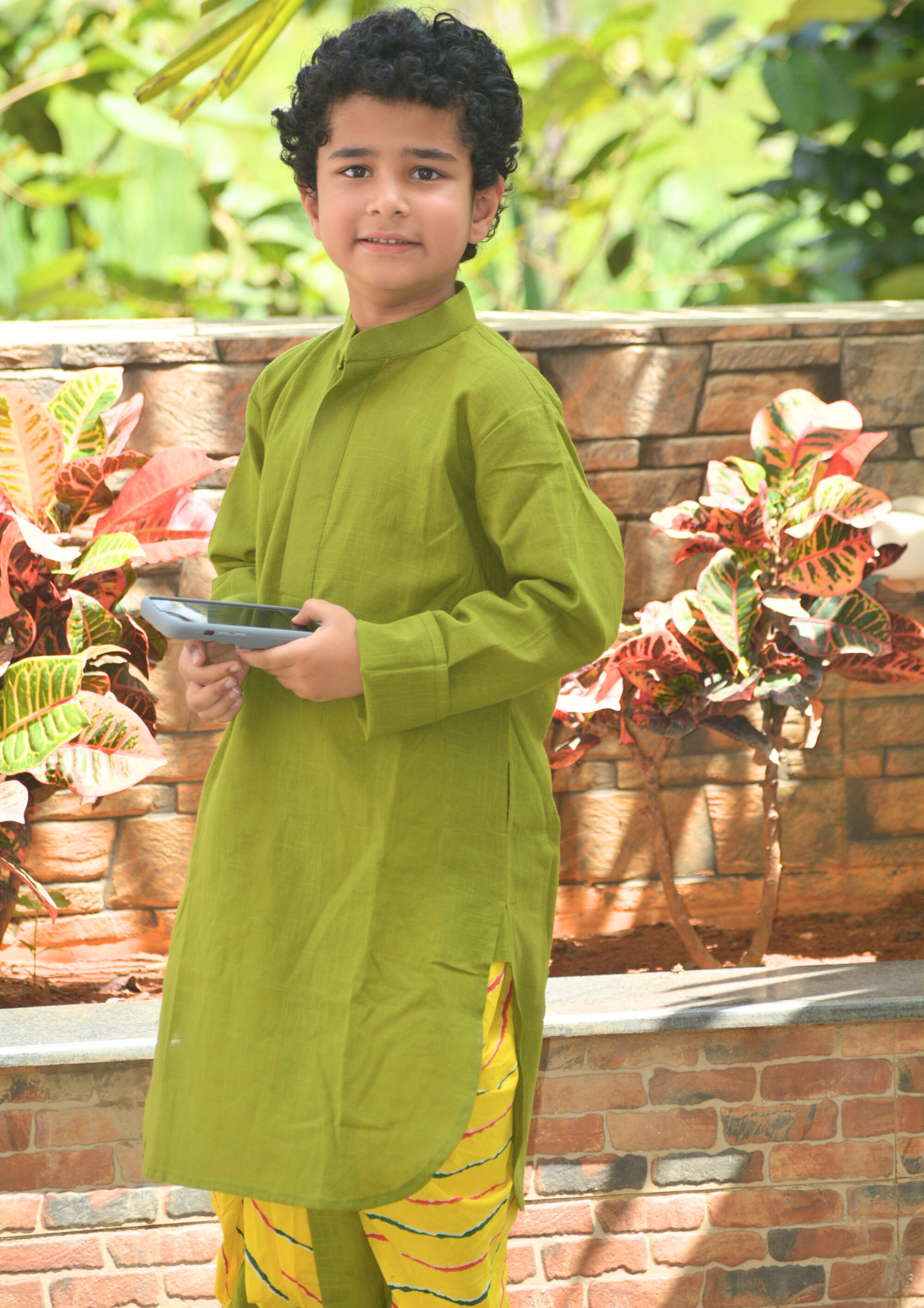 Boys Cotton Full Selleves Kurta And Yellow Leheriya Dhoti Set