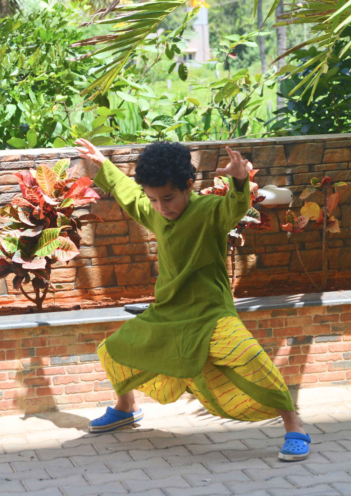 Boys Cotton Full Selleves Kurta And Yellow Leheriya Dhoti Set