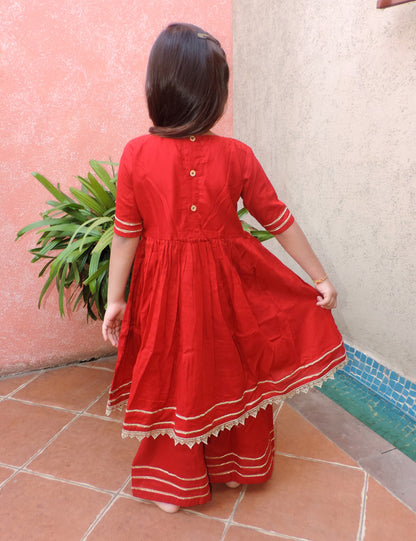 Half Sleeve Cotton Dress With Bottom - Red