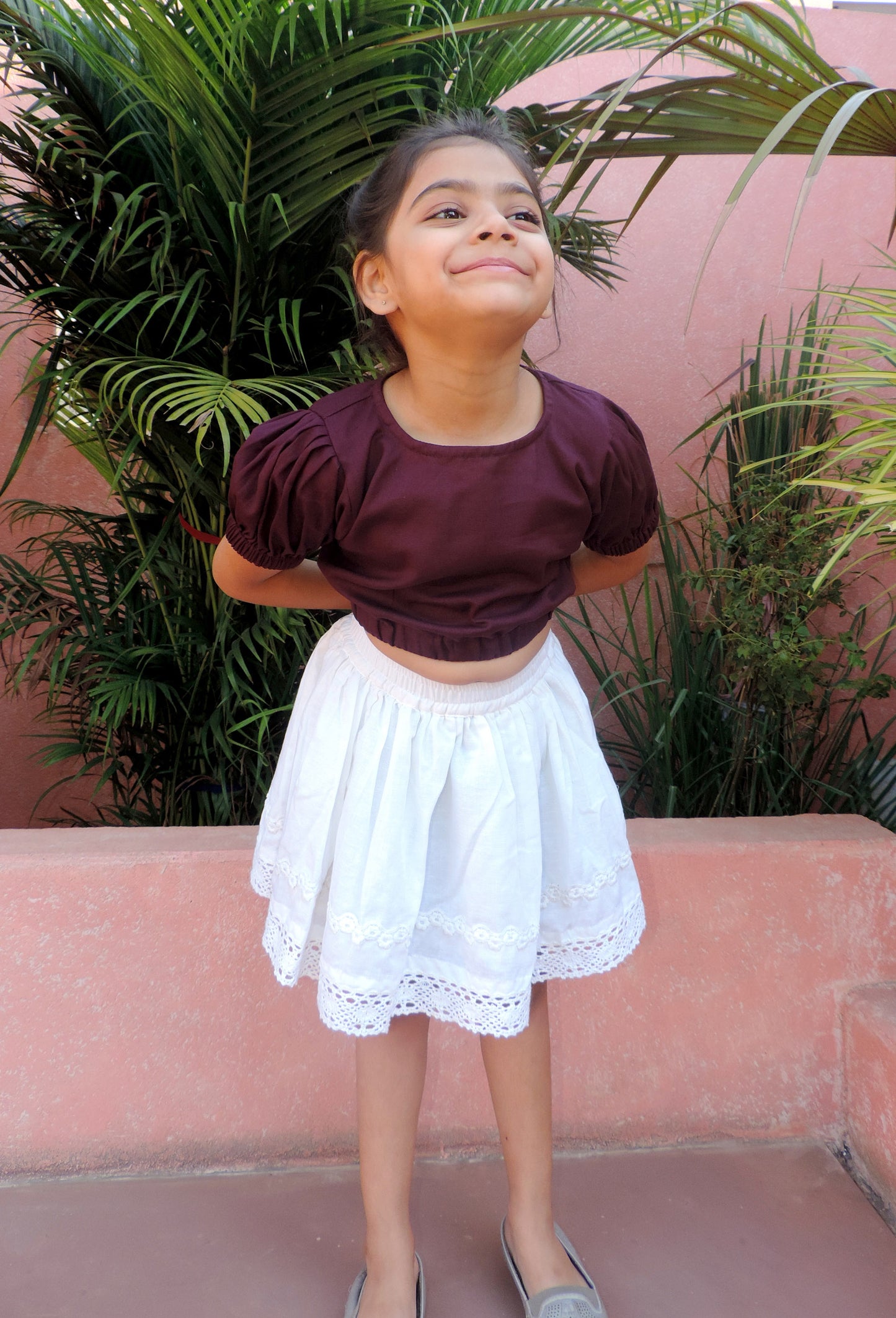 Beet Crop Top With White Linen Skirt Pair