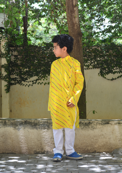 Boys Cotton Full Sleeves Leheriya Kurta Pajama Set With Gotapatti Work