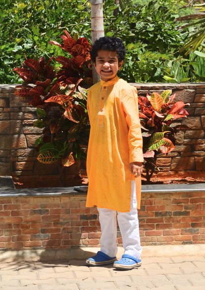 Boys Cotton Full Sleeves Bandhani Kurts Dhoti Set With Gotapatti Work