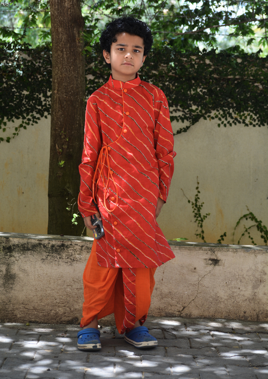 Boys Cotton Full Selleves Leheriya Kurta Dhoti Set With Gotapatti Work