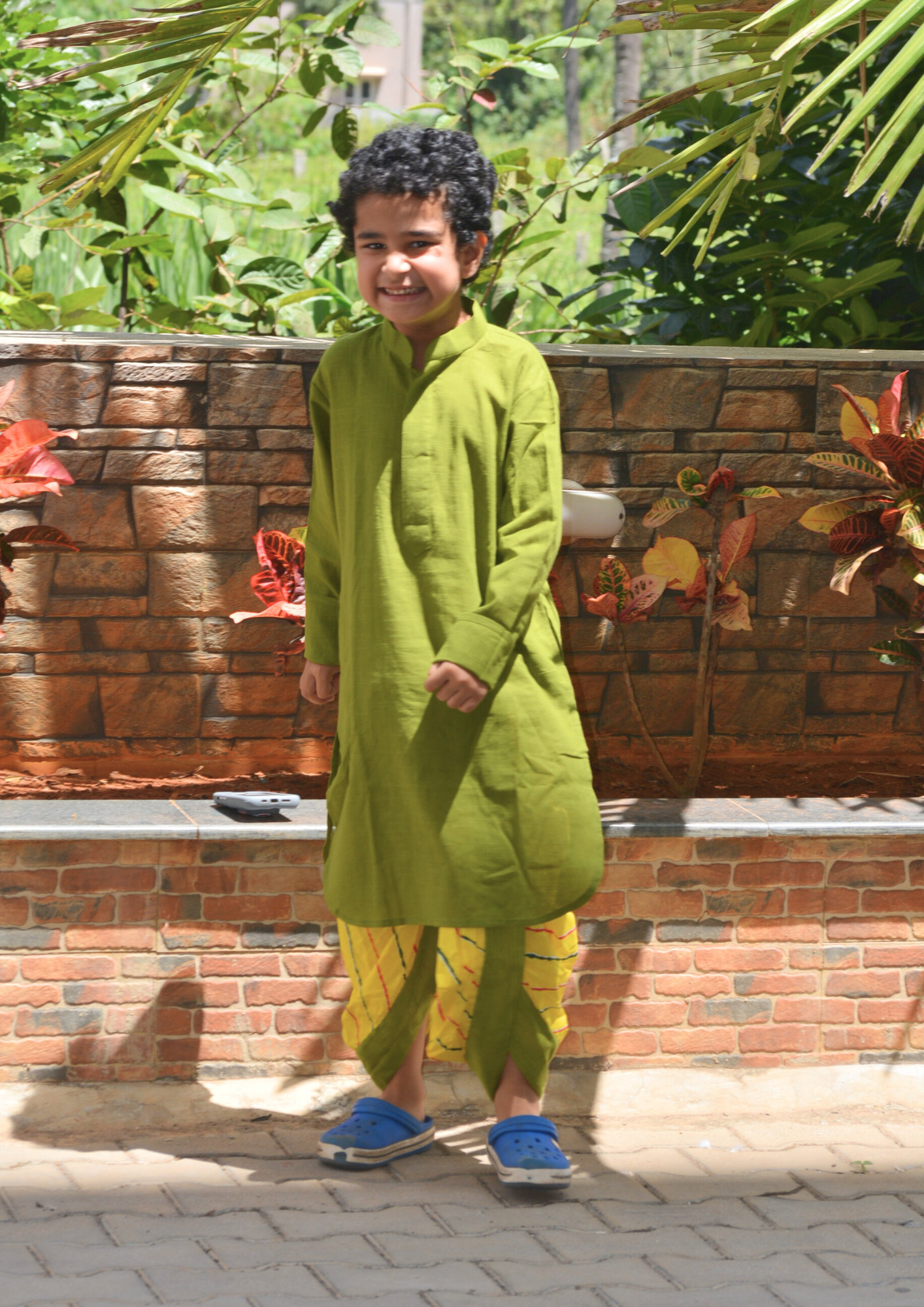 Boys Cotton Full Selleves Kurta And Yellow Leheriya Dhoti Set