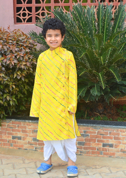 Boys Cotton Full Sleeves Leheriya Kurta Dhoti Set With Gotapatti Work