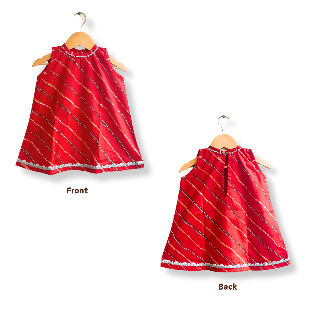 Girls Cotton Selleveless Leheriya Gotapatti Kurti With Tulip Pants Set