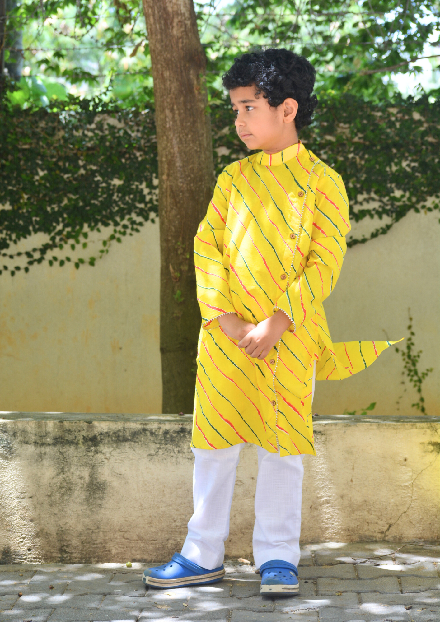 Boys Cotton Full Sleeves Leheriya Kurta Pajama Set With Gotapatti Work