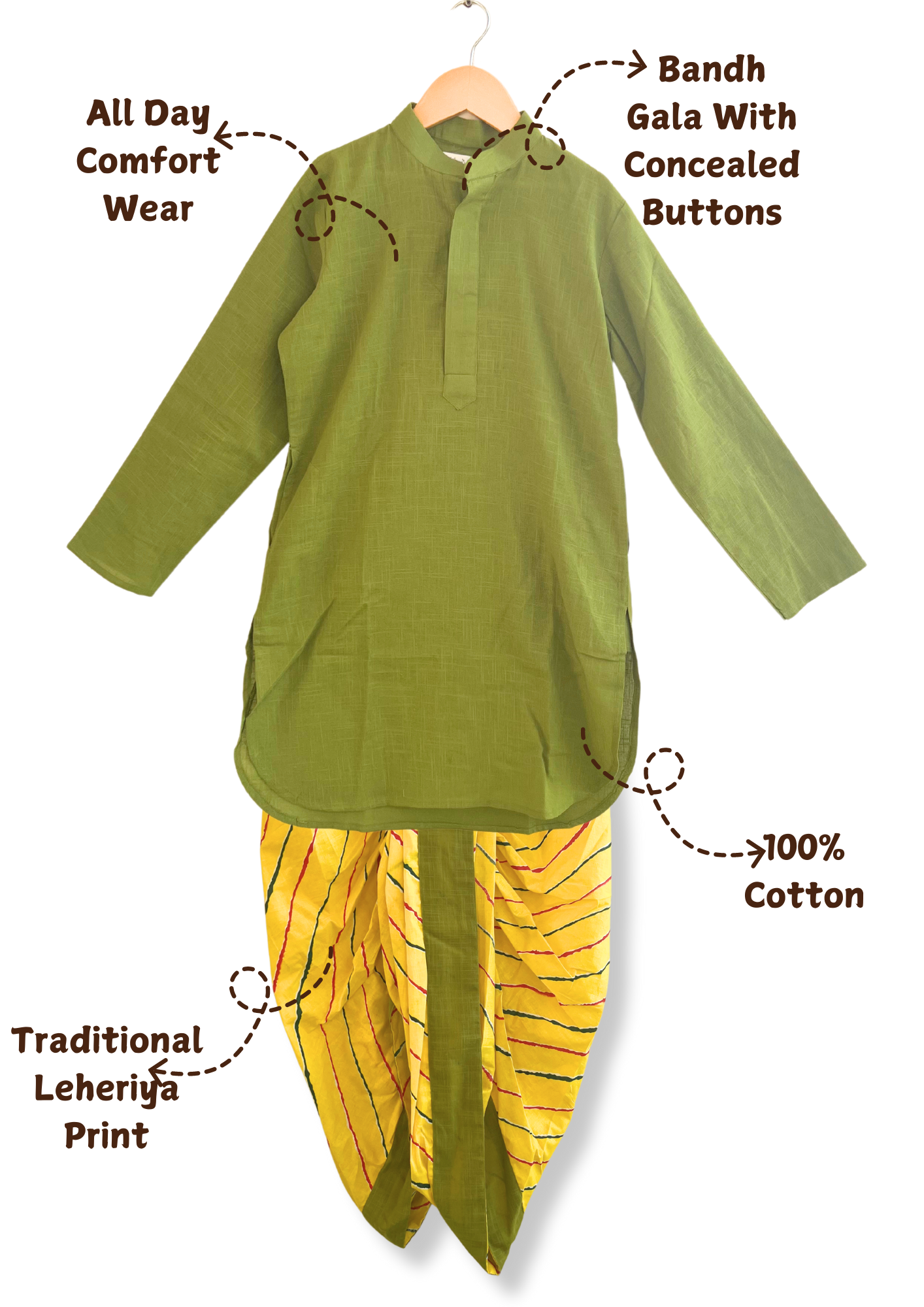 Boys Cotton Full Selleves Kurta And Yellow Leheriya Dhoti Set