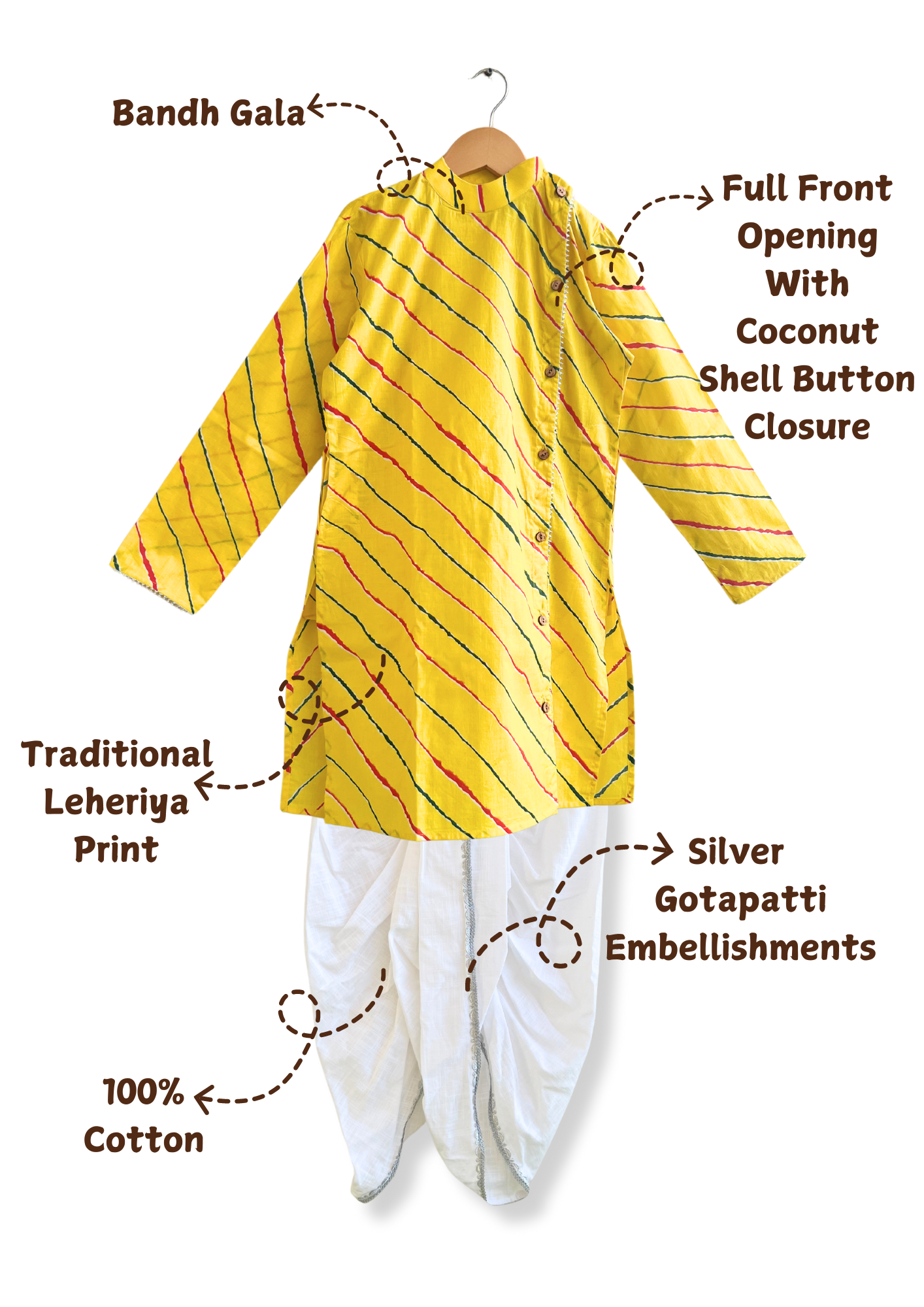 Boys Cotton Full Sleeves Leheriya Kurta Dhoti Set With Gotapatti Work