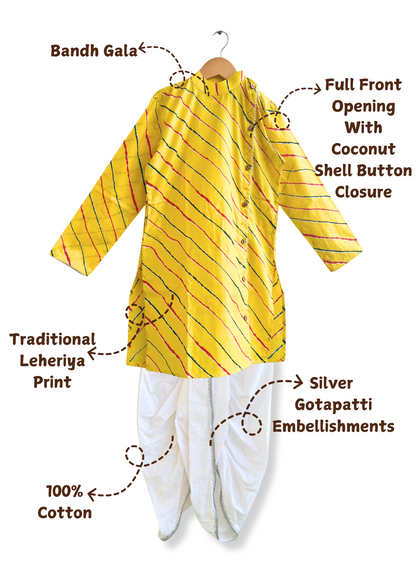 Boys Cotton Full Sleeves Leheriya Kurta Dhoti Set With Gotapatti Work